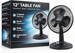 JOEY'Z 12" Oscillating Fan - Table Fan with Adjustable Tilt, Quiet, 3 Speed