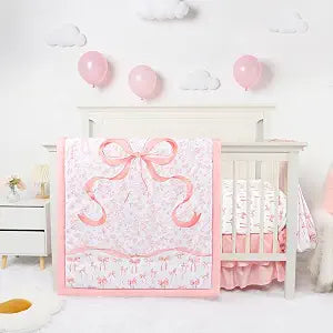 Crib Bedding Set for Baby Girls and Boys, 4 Piece Infant Nursery Bedding Sets, Baby Comforter Set for Crib, Pink Nursery Bed Set, Pink Bow