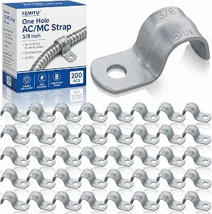 200 Pack AC MC Strap 3/8 Inch, One Hole BX Strap, Zinc Plated Steel, Gray