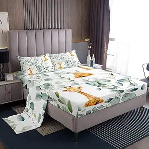 Erosebridal Kids Cute Animal Bed Sheets Set for Girls Boys Cartoon Giraffe Twin Sheet Set, Spring Eucalyptus Sheets Watercolor Leaves Bed Set, Kawaii Woodland Animal Flat Sheet