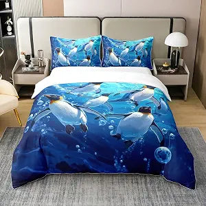 Erosebridal Cute Penguin 100% Cotton Duvet Cover Twin Size Blue Penguin Themed Bedding Set for Kids Girls Boys Dreamy Arctic Pole Wildlife Comforter Cover 3D Ocean Landscape Bedclothes
