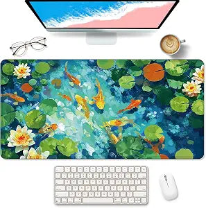 Japanese Koi Fish Large Mouse Pad Desk Mat, Oriental Asian Water Lily Pond Extended Gaming Mousepad, Non-Slip Desk Pad for Home Office Work, 31.5x15.7 Inch