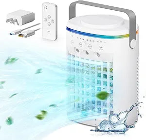 Vidihill Portable Air Conditioner, Evaporative Air Cooler, 2-4-8H Timer Auto-Off &Remote, Water Tank, Three ultrasonic nozzles, 3-Speed Personal Air Conditioner Cooling Fan