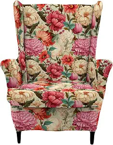 HAOYONG 2 Piece Wingback Chair Covers Stretch Wing Chair Slipcover Printed Wing Back Chair Covers with Arms Washable Spandex Fabric Armchair Cover Protection Furniture for Living Room and Bedroom
