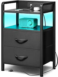 Lazzanto Nightstand with Rear Charging Station, LED Light, 2 Drawers, Black