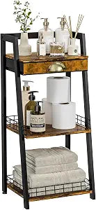 keomaisyto 3-Tier Bathroom Shelves with Canvas Drawer, Floor Bathroom Storage Shelf, Small Storage Stand Rack, Freestanding Ladder Shelf for Living Room Bedroom, Rustic Brown