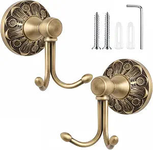 Yaocom 2 Pack Antique Towel Hooks Wall Mounted, Brass, Double