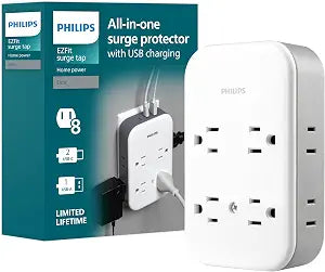 Philips All-in-One Surge Tap with USB, 4 Grounded & 4 Polarized Outlets