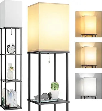 Floor Lamp with Shelves, 3-Tier Modern Square Bookshelf Standing Lamp Black