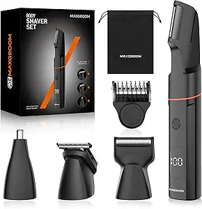MAXGROOM Manscape Body Hair Trimmer for Men, Waterproof Pubic, Groin & Ball Shaver, No-Nick Mens Electric Grooming Kit with LED Display, USB Rechargeable, Adjustable Guide Comb