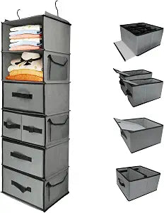 Durable 6-Tier hanging closet organizer with 5 Drawers & 3 Side Pocket,Thickened Fabric Hanging Shelves Holder with Sturdy Hook,Space-saving Storage Organization for Bedroom,Dorm,Guestroom,RV,Bathroom