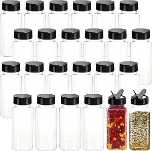 Tiaiidi 24 Pack 3.5 oz Square Plastic Spice Jars,Seasoning Containers with Black Screw Lids to Pour or Shake,Empty Storage Spice Containers for Spice,Powders,Peppers