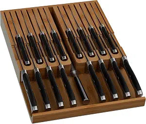 Domax Bamboo In-drawer Knife Block - Knife Drawer Organizer Insert Large Handle Steak Knife Holder, Kitchen Drawer Knife Organizer Fits for 16 knives and 1 Sharpening Steel (Not Included), Walnut