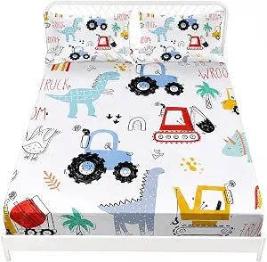 AILONEN Dinosaur Twin XL Fitted Sheet Set, Boys Kawaii Cartoon Dinosaur & Construction Excavator Sheet Set, 3 Pieces (1 Fitted Sheet, 2 Pillowcases)