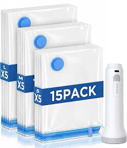 15 Pack Travel Vacuum Storage Bags with Rechargeable Cordless Pump, 3 Sizes
