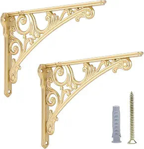 HARPOON 8 Inch Shelf Brackets 2 Pack Heavy Duty Wall Bracket Baroque Kitchen Decorative Rack Shelves Brushed Gold