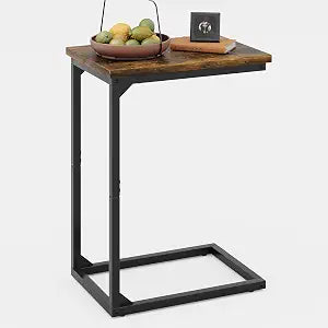 C-Shaped Side Table for Living Room Bedroom, Industrial End Table for Small Spaces, Brown Sofa Side Table with Metal Frame, Slide Under Couch TV Tray for Snack Coffee (Rustic Brown)