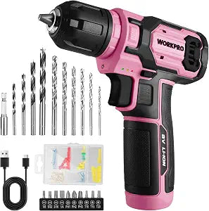 WORKPRO 8V Pink Cordless Drill Set for Women with Drill Bit Set, 54PCS