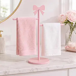 SiliFine Pink Bow Hand Towel Holder Stand 2 Arms Coquette Towel Holder for Bathroom Countertop 15.7 Inch Pink Bow Metal T-Shaped Rack Cute Vanity Decor Preppy Gift for Women