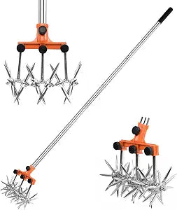 BARAYSTUS Rotary Cultivator Garden Rotary Tiller Adjustable Stainless Steel Poles Hand Tiller for Soil Mixing or Reseeding Grass Lawn Tiller Total Length 57 Inch