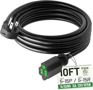 POWGRN 10FT 14/3 Black Flat Plug Extension Cord, Low Profile Indoor