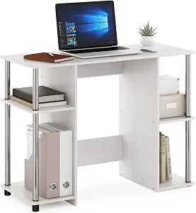 Furinno JAYA Desk, 38.4" Wide Gaming Desk, Computer Study Desk, Office Desk with Side Shelves, Open Storage, for Home Office, Bedroom, Dorm, Study Room, White Oak/Stainless Steel
