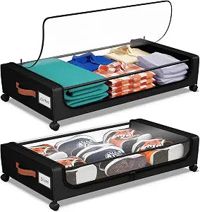 Under Bed Storage with Wheels, UnderBed Storage Containers with Clear Lid and Handles, XXL 60L Under the Bed Storage Bins Drawers for Clothes,Blankets,Shoes,Books (BLACK, 2 PACK)