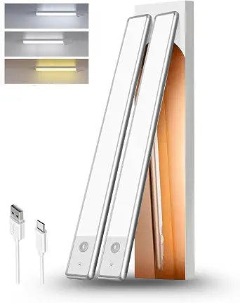 12" LED Cabinet Light with Motion & Light Sensor, Pack of 2 Rechargeable Under Cabinet Lighting, 3 Color Modes 3000K/4500K/6000K, 62 LEDs, 150LM, USB, 2200mAh Battery, Wireless Closet Light