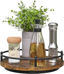 Lazy Susan Organizer9 Inch Rotating Spice Rack for Kitchen Countertop Round Wooden Turntable Holder for Cabinet, Dining Table, Cupboard Storage Black