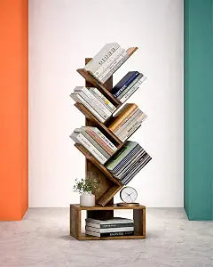 6 Tier Tree Book shelf - Small Bookcase and Small Bookshelf for Small Spaces, 15.0-Inch Wide Rustic Standing Organizer with Six Divided Book Tiers for Living Room, Bedroom or Home Office, Rustic Brown