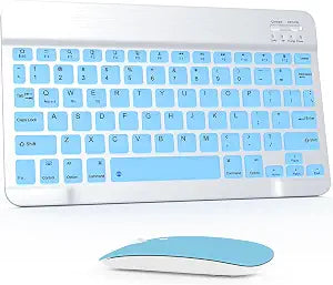 Bluetooth Keyboard and Mouse Combo, Qwert Layout Universal Ultra-Slim Wireless Keyboard Mouse Set for Android Windows iPad iPhone Samsung Tablet Portable Compact Keyboard Set, Light Blue