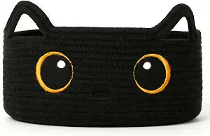 Black Cat Toy Basket, Woven Cat Toy Storage Bin with Embroidered Face, Small Cotton Rope Storage Box with Handle Ears for Home Decor, Pet Bed, Nursery Kids Room Organization