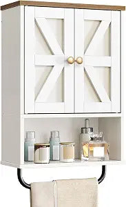 CHOEZON Bathroom Wall Cabinet, Medicine Cabinet with Open Partition and Towel Bar, Rustic Storage Cabinet with Open and Hidden Storage Space, for Bathroom, Living Room, Kitchen, White and Walnut