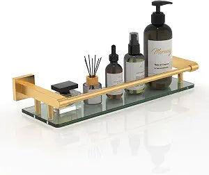 Glass Shelf for Bathroom Rectangular Stainless Steel Tempered Glass Modern Stainless Steel Wall Mount Shelf (Brushed Gold, 16 with Railing)