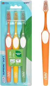 TePe Supreme Toothbrush, Soft Bristle Toothbrush, Tapered Brush Head for Sensitive Teeth and Gum Care, Adult, 3 Pack