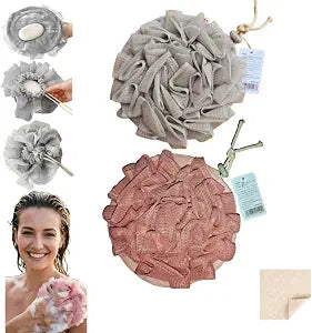 Washcloth Loofah Combo 2-in-1 Loufee Wash Cloth That Holds Bar Soap-Exfoliation Mesh Shower Ball for Body Wash&Smooth Skin+Free Loofah Dish Towel (Upgrade Round 2Pcs(Bigger and Softer))