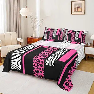 Leopard Zebra Skin Sheet Full Size,Cheetah Wild Animals Rustic Bedding Set,Girls Women Room Decor,Geometric Squares Patchwork Rose Pink Romantic Bed Sheet Set 4pcs(Fitted + Flat + 2 Pillowcases)
