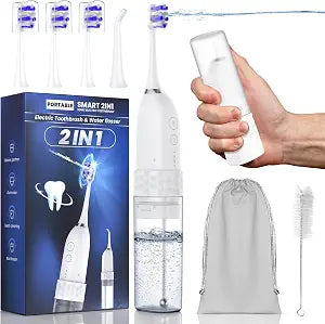 Electric Toothbrush with Water flosser, 2 in 1 Teeth Cleaning Kit, Toothbrush and Water flosser Combo, Travel Toothbrush with Water Bottle(White)