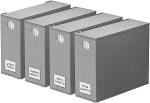 SpaceAid 4 Pack Bed Sheet Organizers and Storage, Foldable Organizer for Linen Closet, Sheets Set Folder Keeper with Window XL (Queen & King Size) Organizing Bedding Container, Gray 91ZDSN-SL01-G4