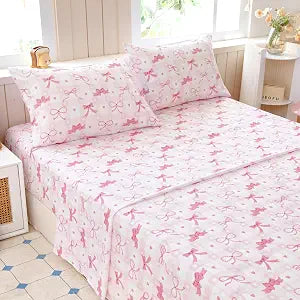 Full Sheet Set Kids - Pink Check 4 Pieces Soft Microfiber Cartoon Style Bedsheets for Boys Girls Teens, Oeko TEX Breathable 15 Inch Deep Pocket Sheets(Pink Bow)