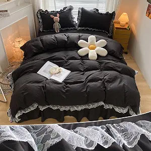 MOOWOO Chic Ruffle Lace Polyester Duvet Cover Set - Luxury Premium Black Bedding-2 Piece Twin Duvet Cover with Zipper Closure -Ultra Soft and Light Weight(Black, Twin)