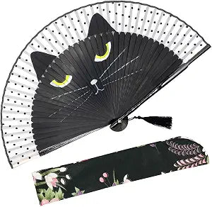 OMyTea Hand Fan Foldable for Women, Japanese Chinese Folding Fan, Black Cat