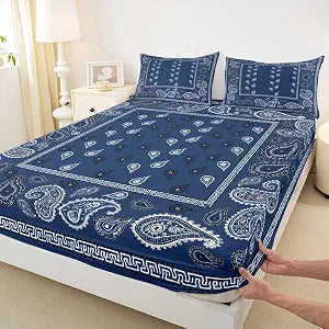 Manfei Navy Blue Bandana Fitted Sheet Twin Size,Boho Paisley Bandanas Bedding Set 2pcs,Bohemian Chic Floral Bed Sheets with 1 Pillowcase,Kids Boys Girls Room Decor,Soft Bedding(No Flat)