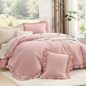 Litanika Full Comforter Set, 3 Pieces Blush Ruffle Bedding Set