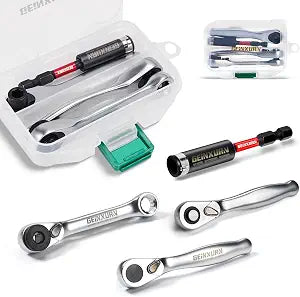 GEINXURN Mini Ratchet Wrench& Bit Holder Set 4 Pcs, 1/4" Drive Ratchet Handle Wrench, 72-T Quick-Release Reversible Socket Wrench, Impact Extension Bit Holder with Case