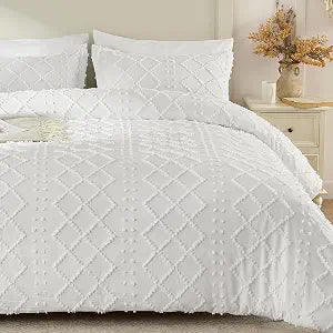 VACVELT 5PCS White Boho Tufted Duvet Cover Queen Size, Zipper & Ties
