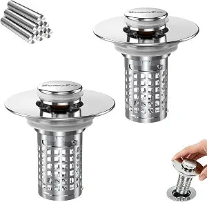 Bathroom Sink Drain Strainer(2PCS), Stainless Steel Pop-up Strainer Basket Hair Catcher with Removable Basket, Brass Bullet Core, Universal Fit 1.1-2.36 Inch