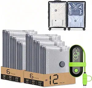 Vacbird Travel Vacuum Bags with USB Electric Pump, 12 Pack Vacuum Bags for Travel, Compression Vacuum Packing Bags for Luggage & Suitcase, Space Saving Travel Bags for Clothes and Clothing,Carry-On