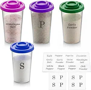 Plastic Salt and Pepper Shakers Set with 4 Color Lids & 20 Labels Clear Spice Jars, Reusable, Refillable Seasoning Containers for Kitchen, Cooking, Baking Easy Storage & Organization