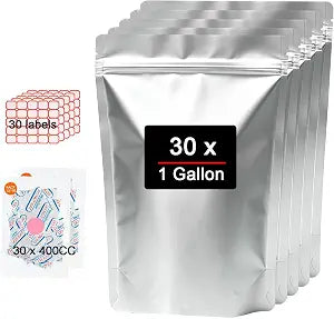 30 PCS 1 Gallon Mylar Bags with 400cc Oxygen Absorbers for Food Storage